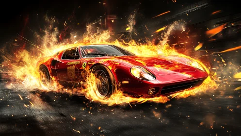 Blazing red sports car roaring through a trail of bright fire.