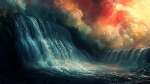 Storm-swept twin waterfalls beneath blazing celestial sky.