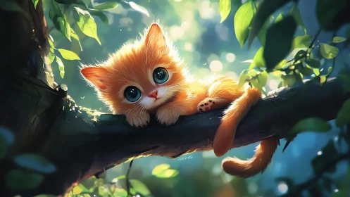 Luminous Felid Juvenile Perched on Branch in Dappled Foliage Setting.