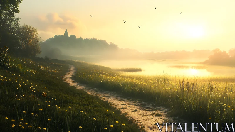 Sunlit riverside path winding toward a misty distant steeple.