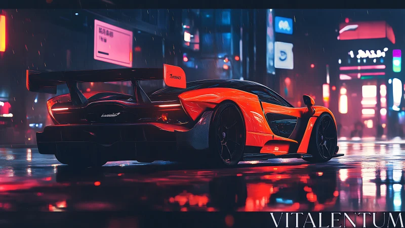 Neon rain crowns a scarlet supercar with electric velocity