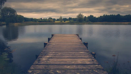 Misty wooden jetty stretching into a soft, brooding lakescape.
