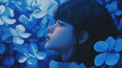 Moonlit thoughts drift as blue petals quietly surround her