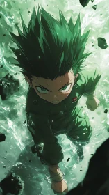 Dynamic upward shot captures anime hero in explosive ascent