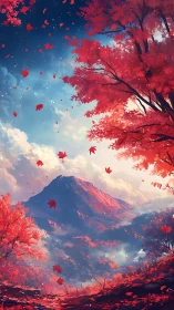 Autumn mountain valley under twilight sky with drifting maple leaves.