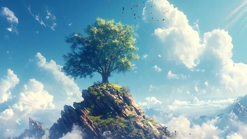 Solitary Tree on Rocky Peak Above Cloud Layer