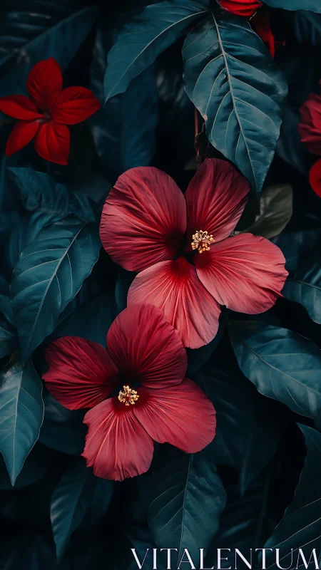 Red Hibiscus Blooms Against Teal Foliage.