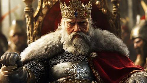 Battle-hardened medieval king on ornate golden throne, frontal