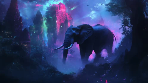 Elephant walks through neon jungle ruins at night.