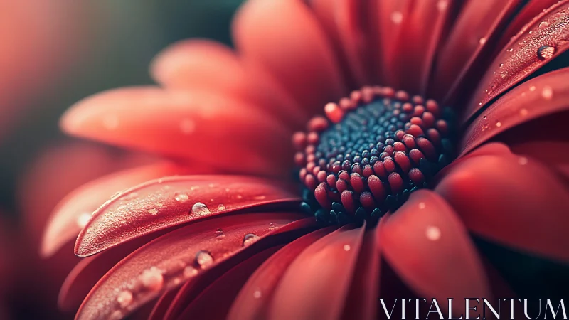Red Gerbera Daisy With Dew Droplets in Macro Detail