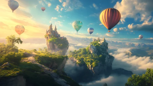 Dreamy floating castles welcome hot air balloons at sunrise