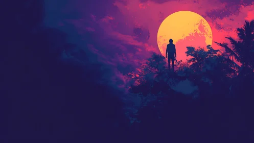 Silhouetted figure on jungle ridge against neon magenta moon