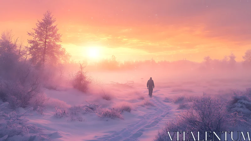 Solitary figure crossing pastel winter sunrise field.