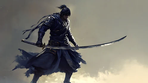 Lone wandering swordsman pausing in a quiet smoky dawn.