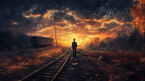 Solitary traveler watching a glowing sunset crossroads.