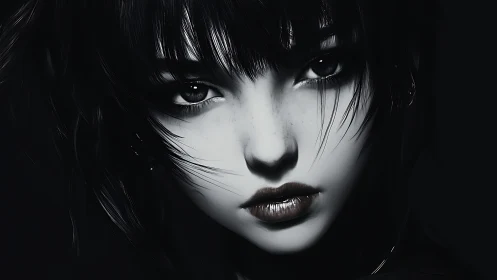 Intense monochrome close up of young woman&rsquo;s digital face.