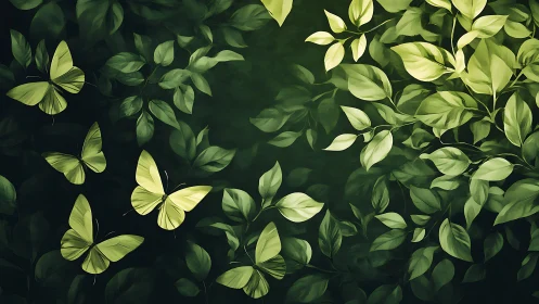 Luminous green butterflies in layered foliage on dark ground
