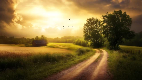Sunlit country dirt road winding through rural farmland.