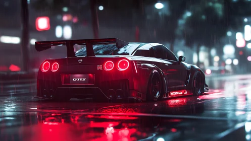 Street-tuned GT-R glows under neon rain on slick city roads