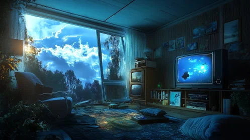 Moonlit living room where old TVs dream of distant oceans.