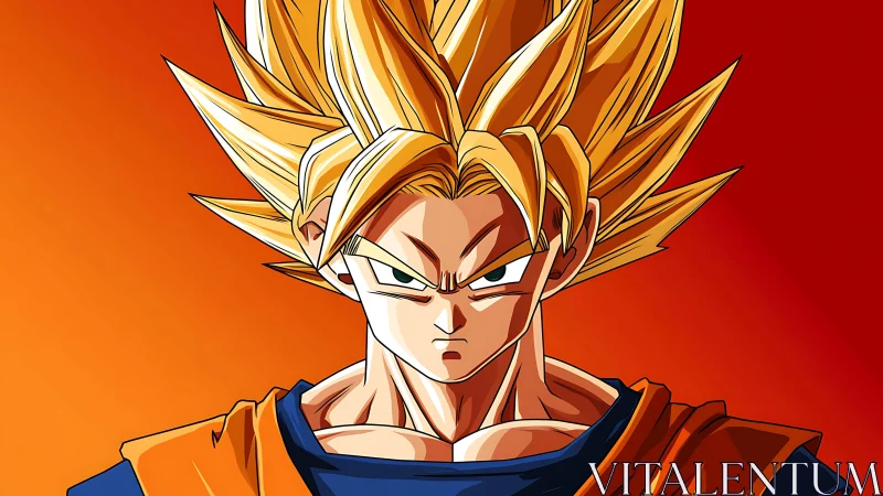 Intense golden-haired anime warrior against fiery backdrop.