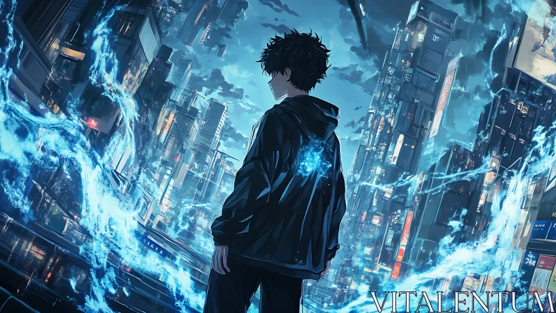 Urban mage amid neon torrents in storm-lit future cityscape.