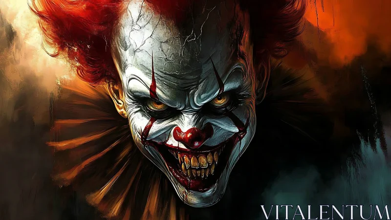 Sinister demonic clown grins amid fiery shadowed smoke.