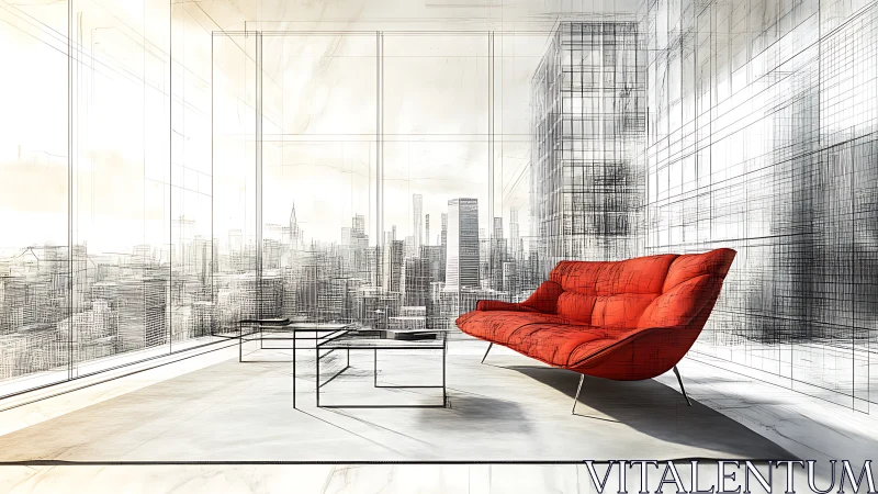 Minimalist penthouse interior with red furniture overlooking architectural sketch cityscape