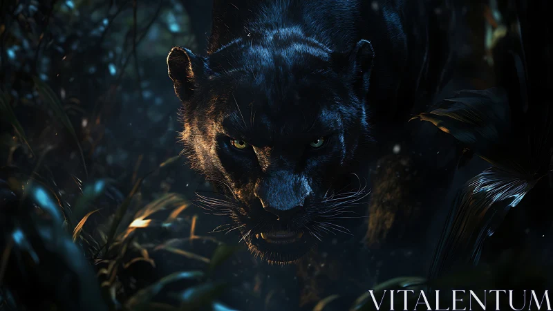 Black Panther Prowling Through Moonlit Jungle Undergrowth.