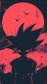 Silhouetted spiky-haired figure stands before large red moon