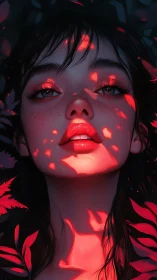Luminous portrait of girl under dappled crimson foliage glow.