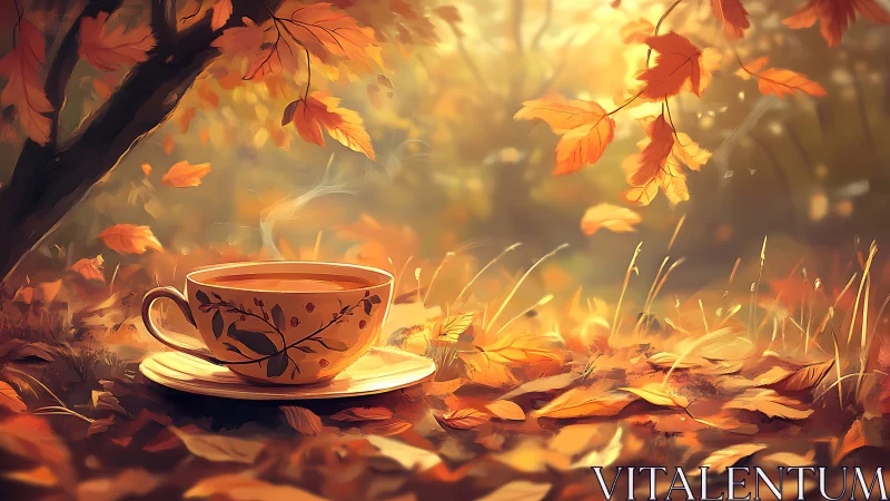 Digital painting of autumn tea cup in glowing woodland clearing.