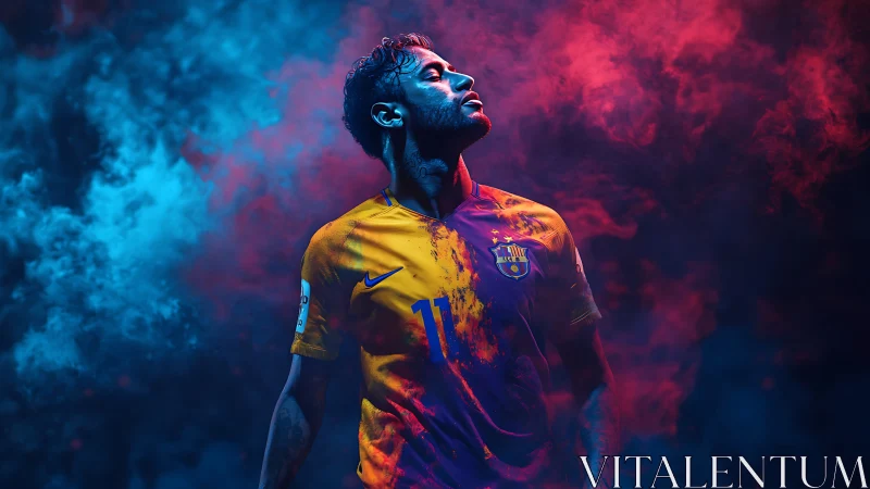 Footballer in club jersey stands amid contrasting colored smoke