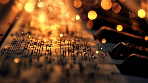 Glowing musical score drifts over piano keys in warm light