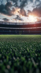 Low-angle stadium turf view with sunset-lit goalposts and crowd