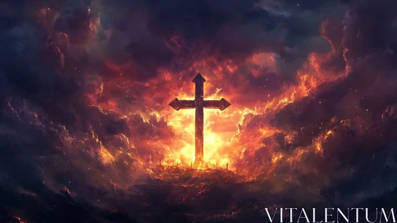 Radiant cross shining with hope through stormy, fiery clouds.