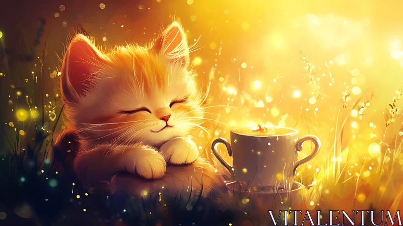 Golden kitten naps by glowing teacup in dreamy meadow scene.