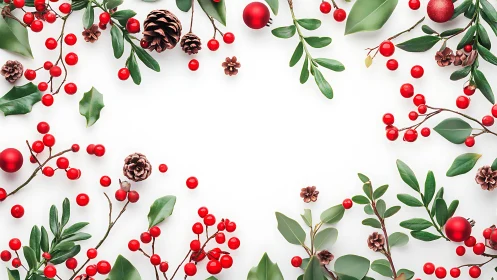 Flat-lay holiday border with berries, leaves and pinecones