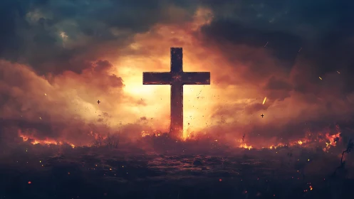 Cross silhouette against fiery sky and darkened horizon.
