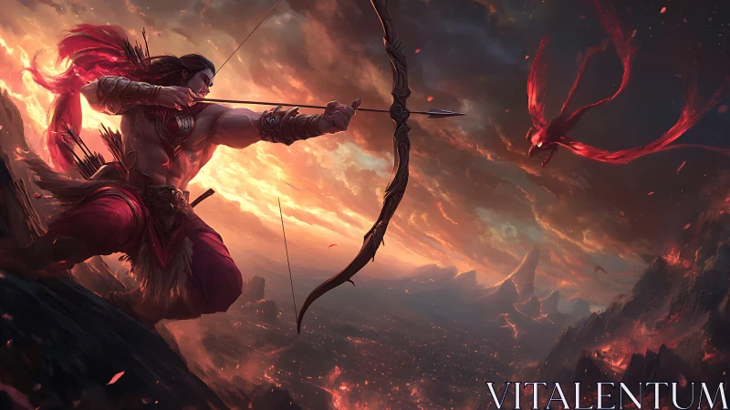 Heroic archer faces a fiery sky spirit at dusk.