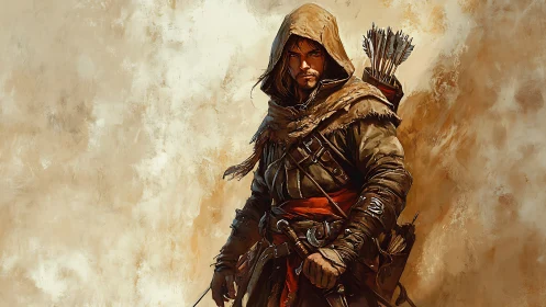 Digital painting of a hooded fantasy ranger with dynamic stance.