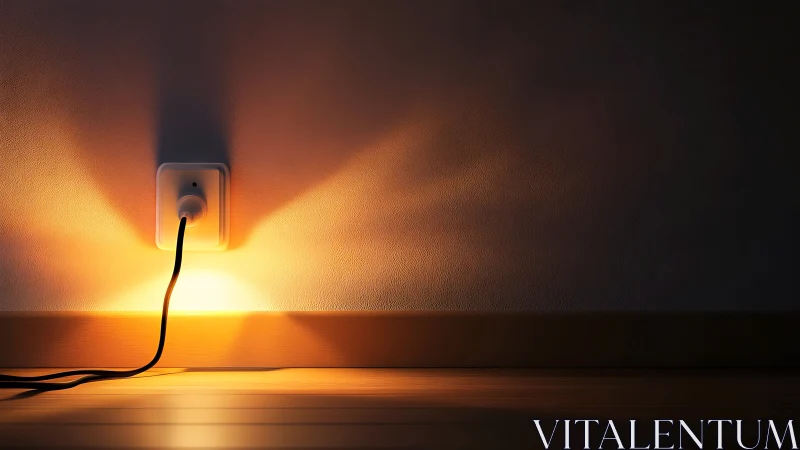 Wall outlet with illuminated plug casting warm glow.