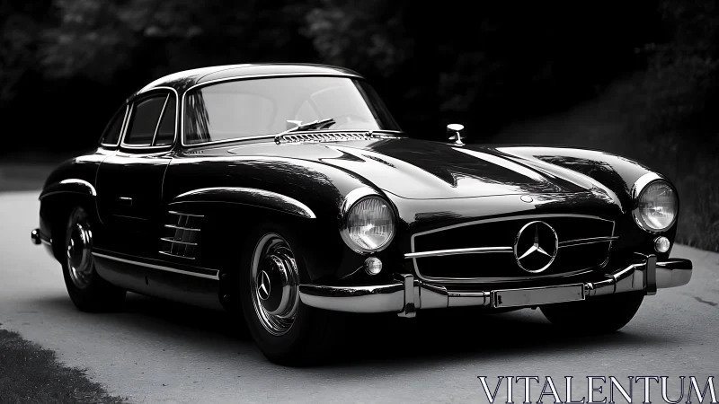 Photorealistic portrait of classic Mercedes coupe in motion.