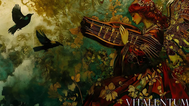 Forest muse with zither and crows in luminous bloom.