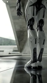 Futuristic humanoid robot stands in minimal concrete atrium.