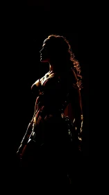 Warrior heroine silhouette in dramatic backlighting profile.