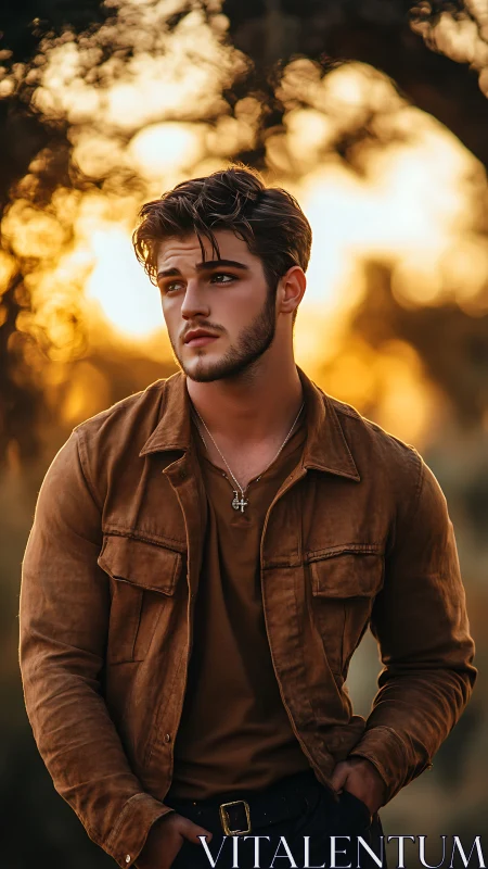 Young man in brown jacket at golden hour outdoors.