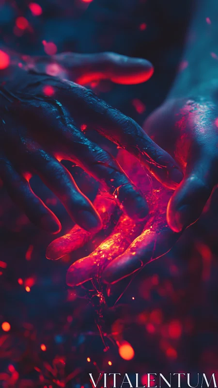 Glowing hands trading sparks in a dreamy neon twilight.