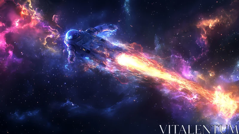 Astronaut propelled through vivid cosmic nebula trail.