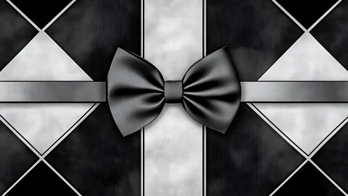 Monochrome bow gift ribbon on geometric noir diamond field.